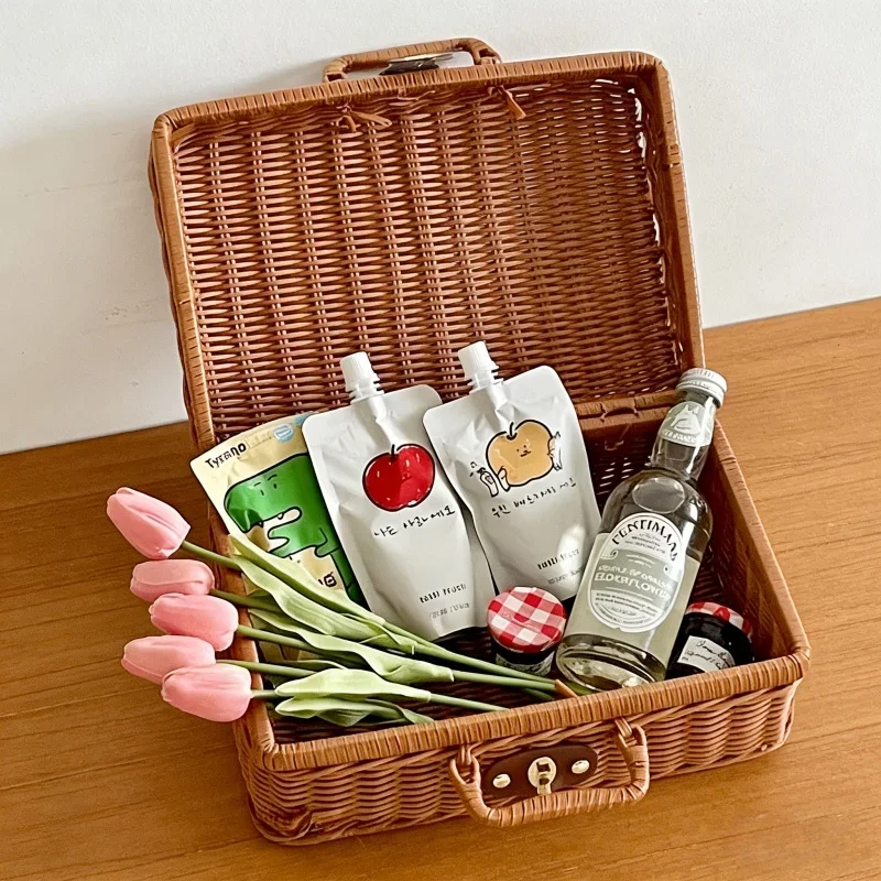 Cesta de Almacenamiento Tejida de Ratán con Tapa, Diseño Nostálgico de Inspiración Vintage, Regalo para Picnic, Organización del Hogar, Dormitorios, Accesorio para el Hogar