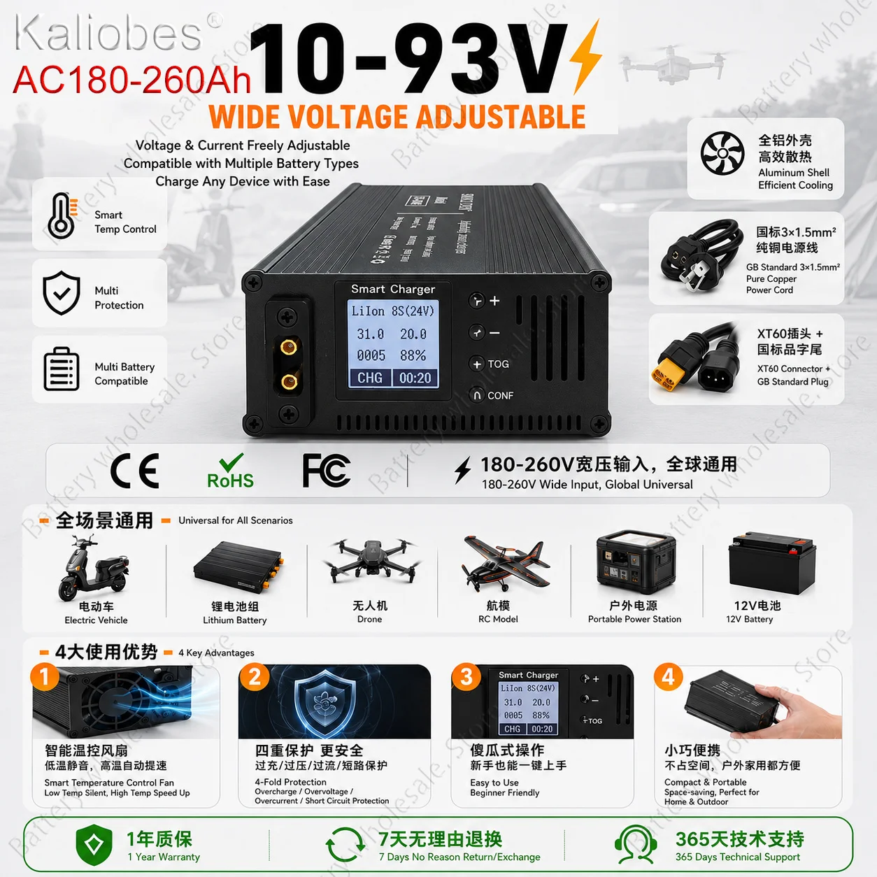 Carregador de Bateria de Lítio Ajustável 10-93V (24V, 48V, 60V, 72V) para Li-ion e LiFePO4, Carga Rápida 10A, 15A, 20A, para 13S, 16S, 20S