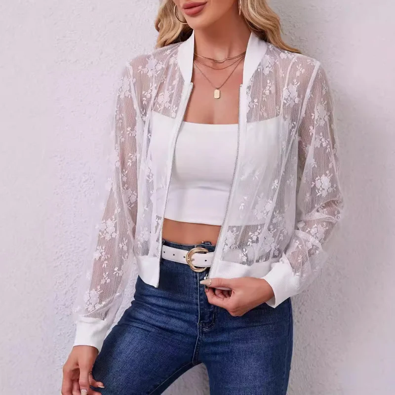 

European and American New2025New Autumn Winter Elegant Women's Lace Patchwork Zipper Front Casual Coat