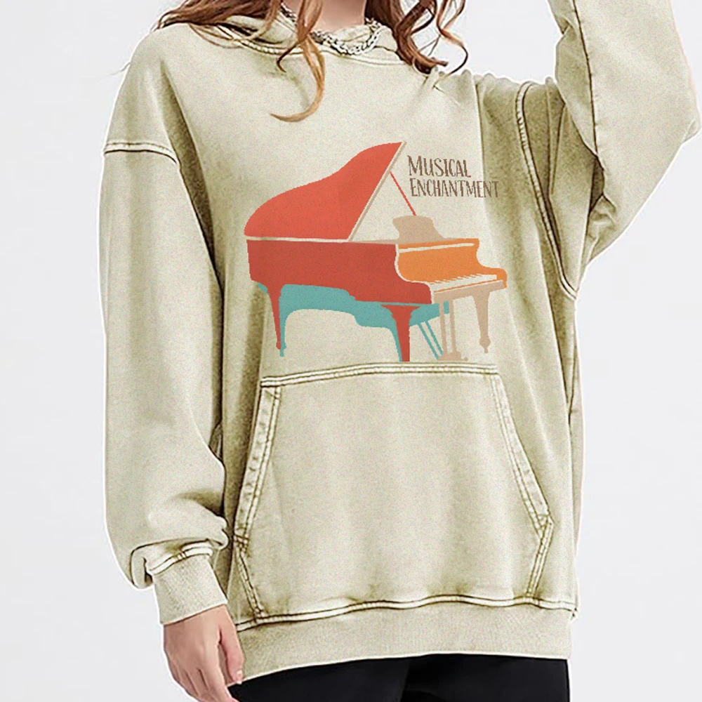 

Casual Washed Hoodie Casual Sweatshirt Graphic Fashionable 100% Cotton Comfortable Soft Breathable Piano Musical Enchantment