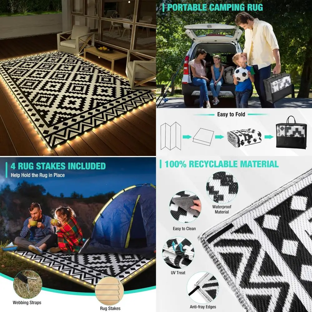 

Waterproof LED Strip Light Outdoor Rug, 5x8 Feet Reversible Plastic Straw Mat, Patio Area Rug with 4 Stakes