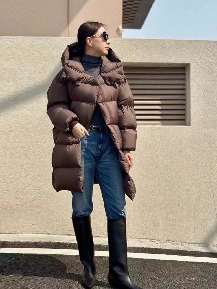 Jaqueta fofa de penas de pato branco 90 para mulheres, média a longa, moda inverno 2025