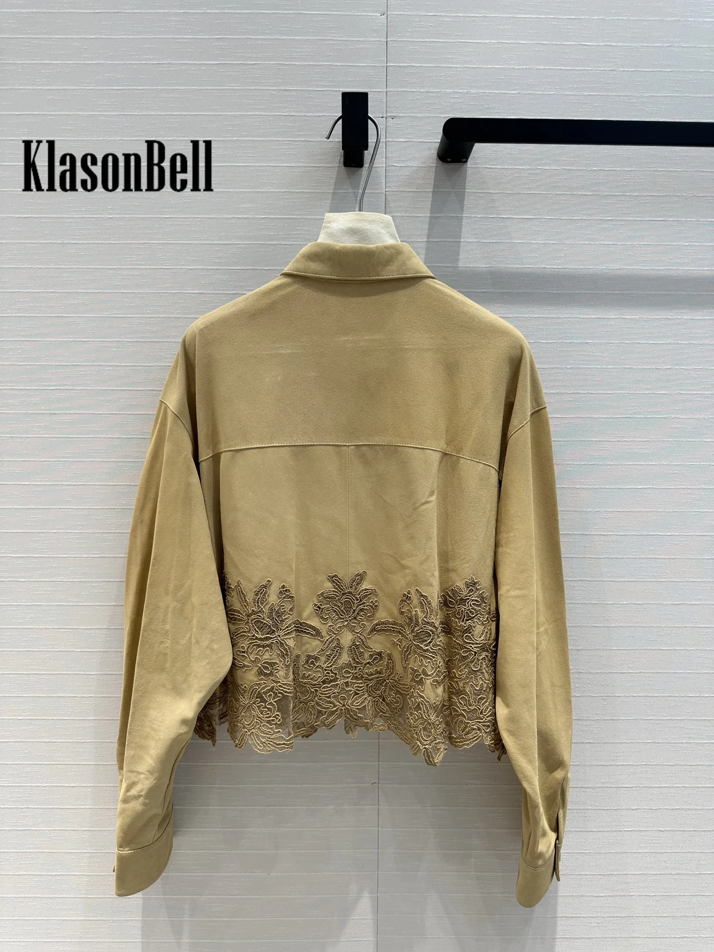 8.24 KlasonBell Women 2024 Autumn New Embroidery Lace Spliced Sucede Sheepskin Blouse Temperament Casual Loose Lapel Shirt