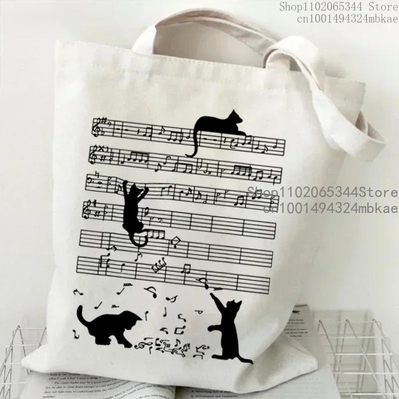 Símbolos musicais gato sacola kawaii dos desenhos animados shopper bolsa moda lona para mulheres meninas gráfico shopper escalada gato sacola