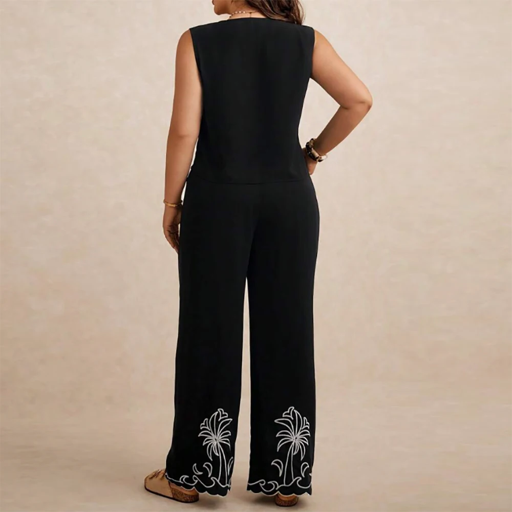 Plus Size Casual Coconut Tree Print Women Long Pants 2-Piece Set Lace Up Cardigan Sexy V-Neck Sleeveless Vacation Holiday Sets