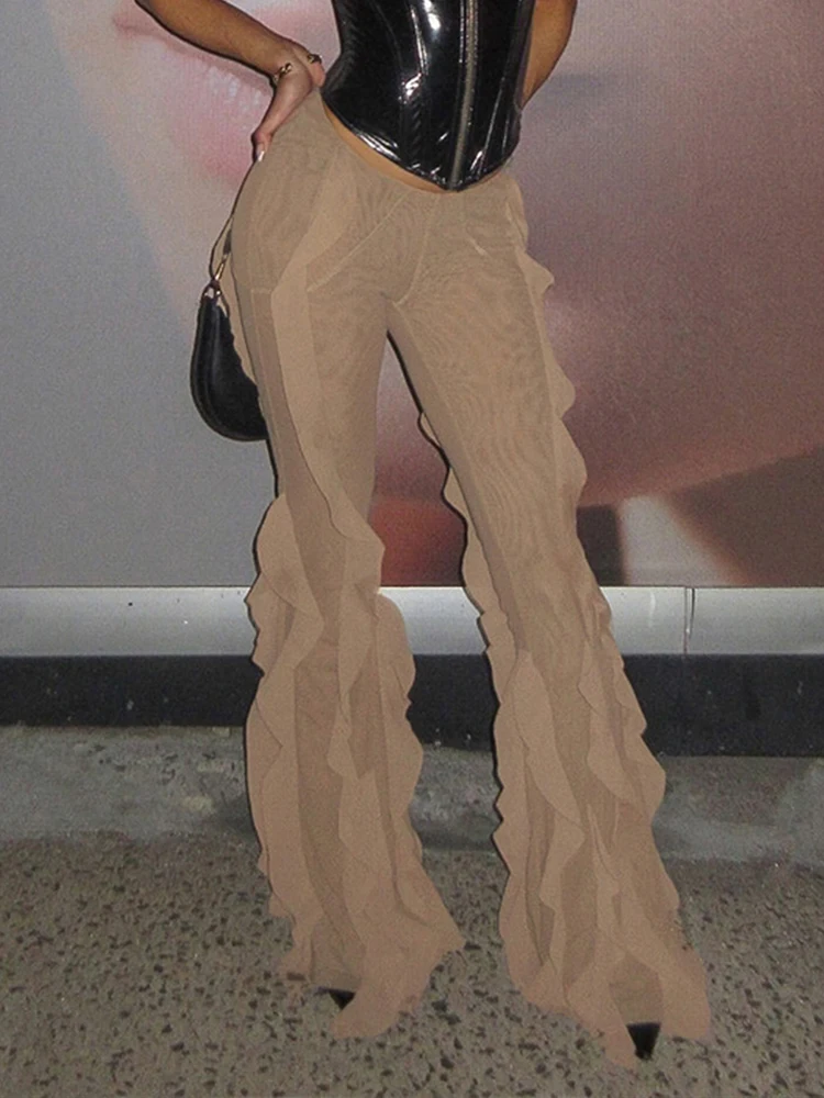 

Mesh Patchwork Long Pants Woman Ruffles Decoration High Waist Skinny Peach Hip High Street Fashion Style Elegant Bottoms