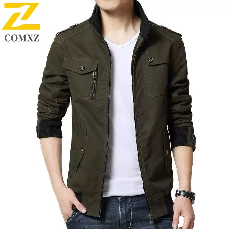 

2025 New Standing Collar Men Jacket Made Pure Cotton Loose Fitting Multi Pocket Flying Jacket Outdoor Thin Casual Coat Men Wear