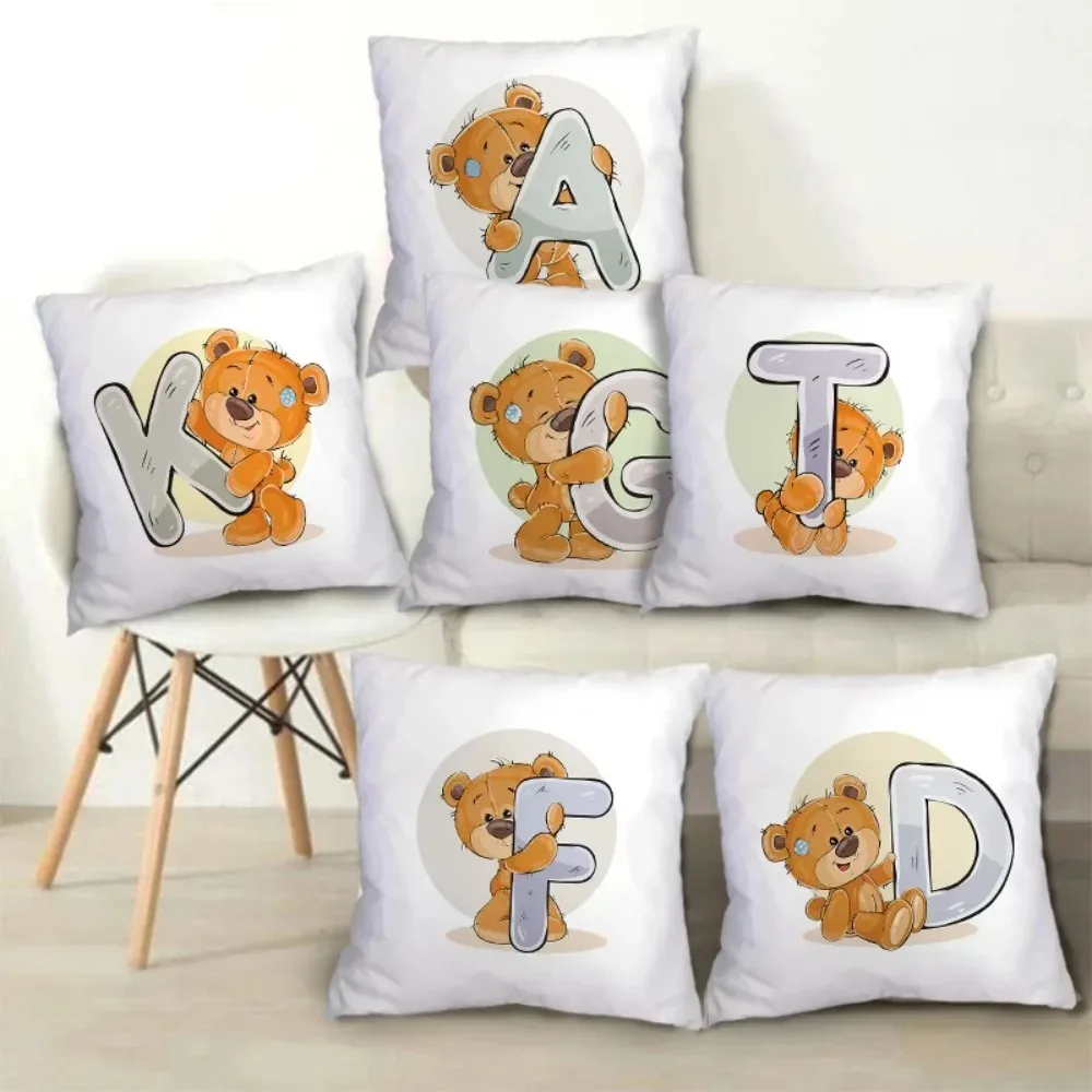 

45x45cm English Alphabet A-Z Print Cute Cartoon Bear Animal Pillow Case Cushion Cover for Children Room Soft pillow case