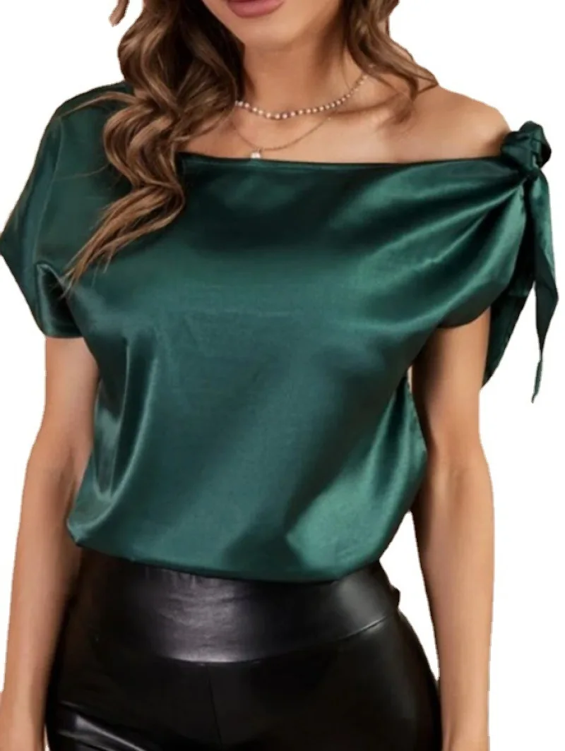 Blusa holgada de manga corta con cuello oblicuo para mujer, camisa elegante de gasa lisa con lazo, ropa de calle para primavera y verano, 2022