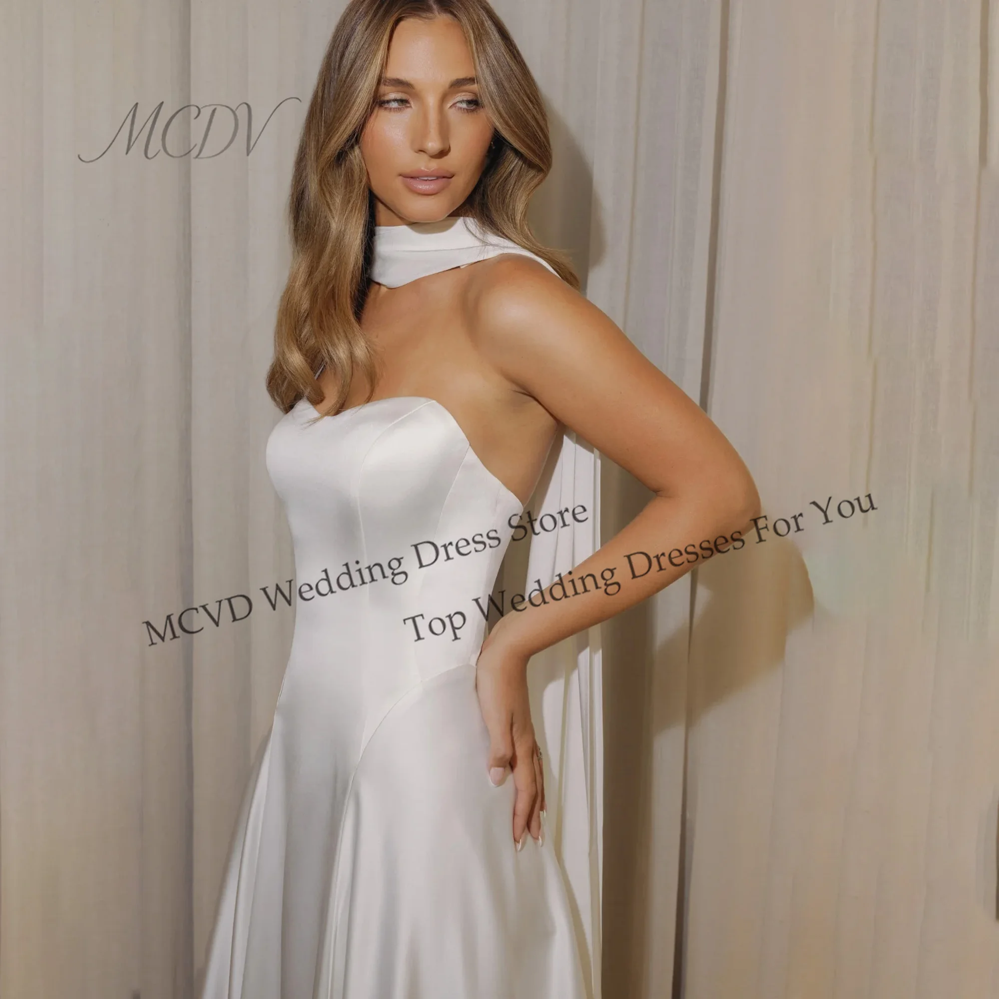 Strapless Satin A-Line Wedding Dress 2027 New Back Button Ribbon Civil Bridal Gown Customized vestido de novia Sweep Train