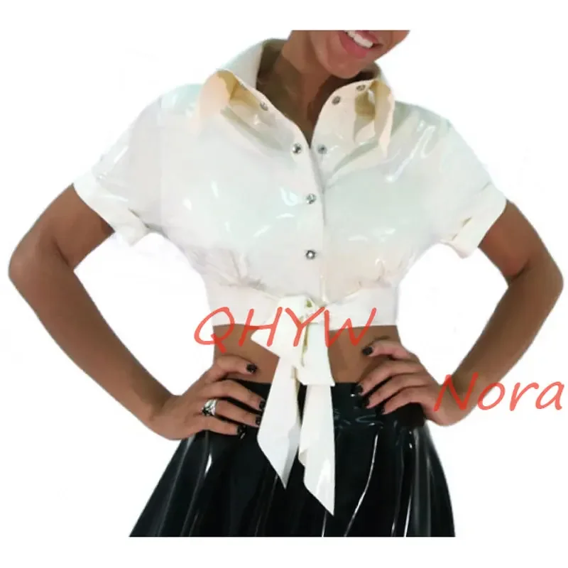 White Sexy Short Mini Latex Blouse with Lacing At Bottom Front Turn Down Collar Rubber Shirt Crop Top for Women