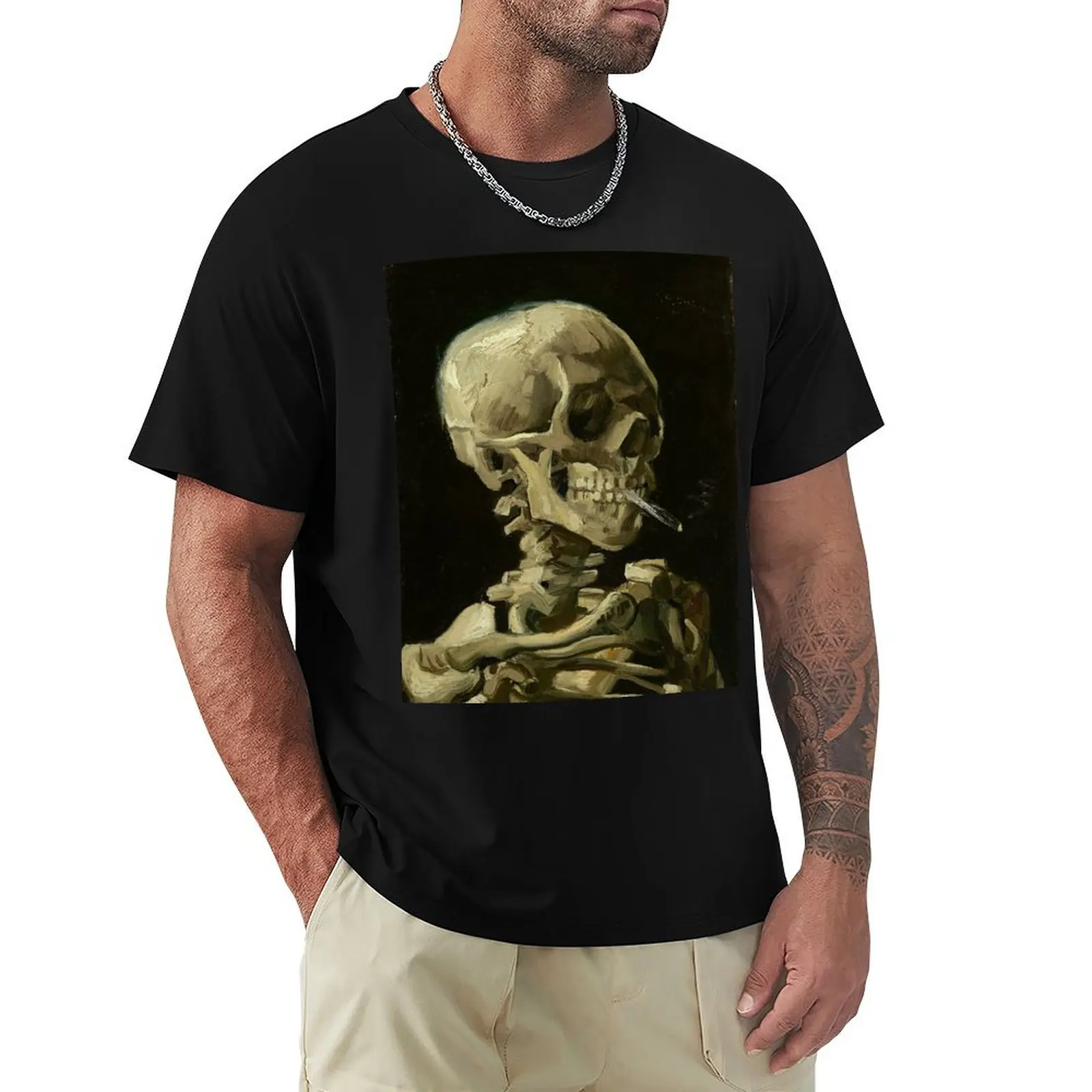 Skull of a Skeleton with Burning Cigarette - Van Gogh T-Shirt Urban Style Casual Short Sleeve Top