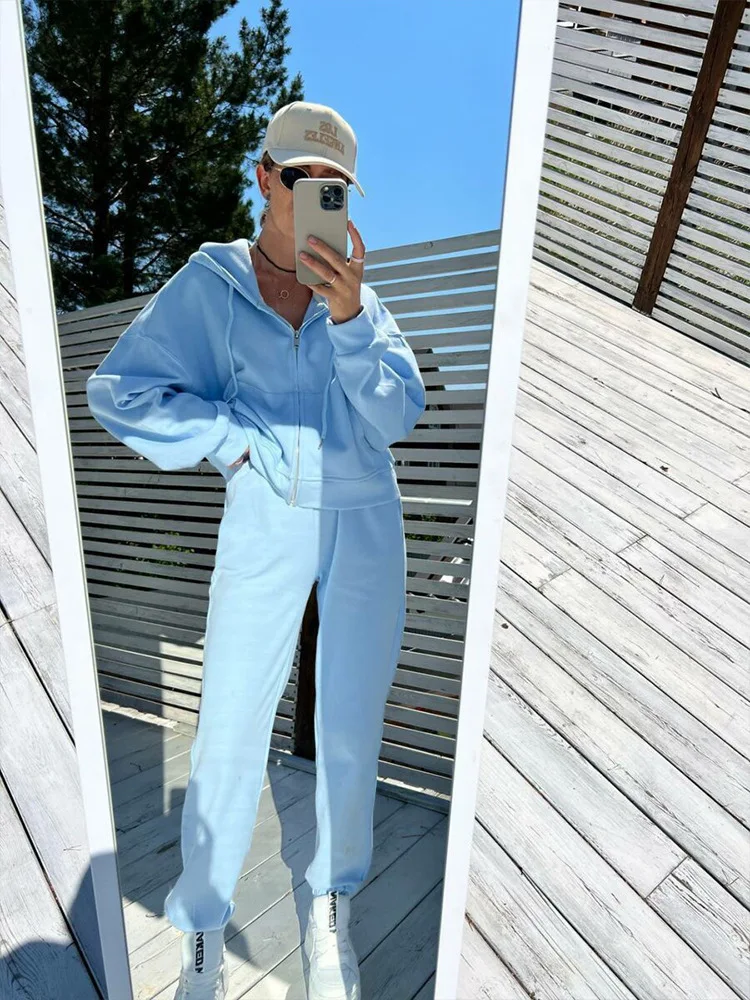 Women’s Tracksuit Hooded Zip Sweatshirt Pockets Elastic Waist Pants Two-Piece Thick Sports Casual Set CyberStreetOne blue 2