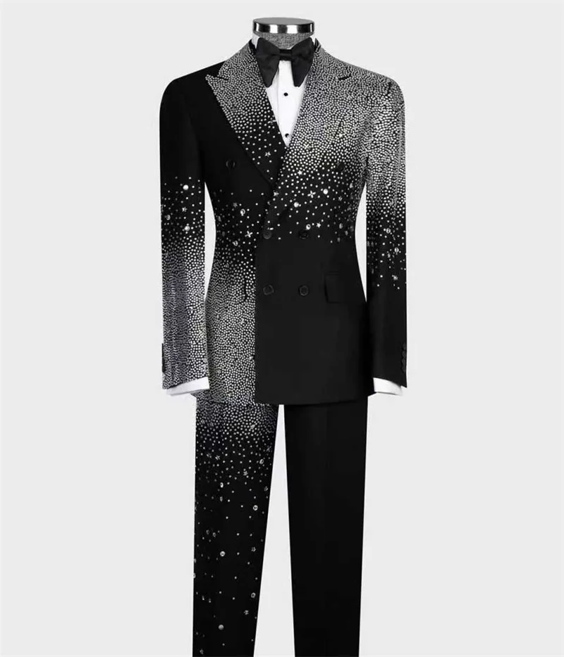 Luxury Crystals Men Suits Set 2 Pcs Blazer+Black Pant Trousers Shiny Wedding Tuxedos Formal Office Groom Prom Jacket Coat