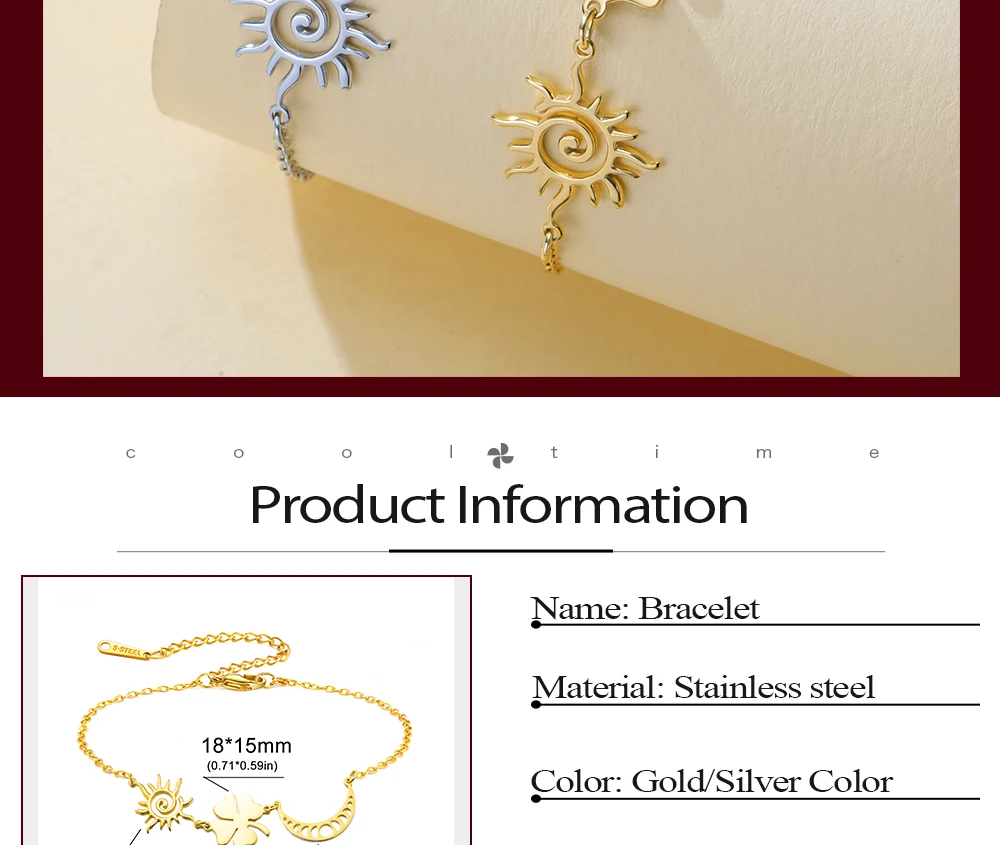 CoolTime Zierliches Sonne & Mond Vierblättriges Kleeblatt Damenarmband aus Edelstahl Glücksbringer Täglicher Schmuck für Frauen Geschenk – Detail 2