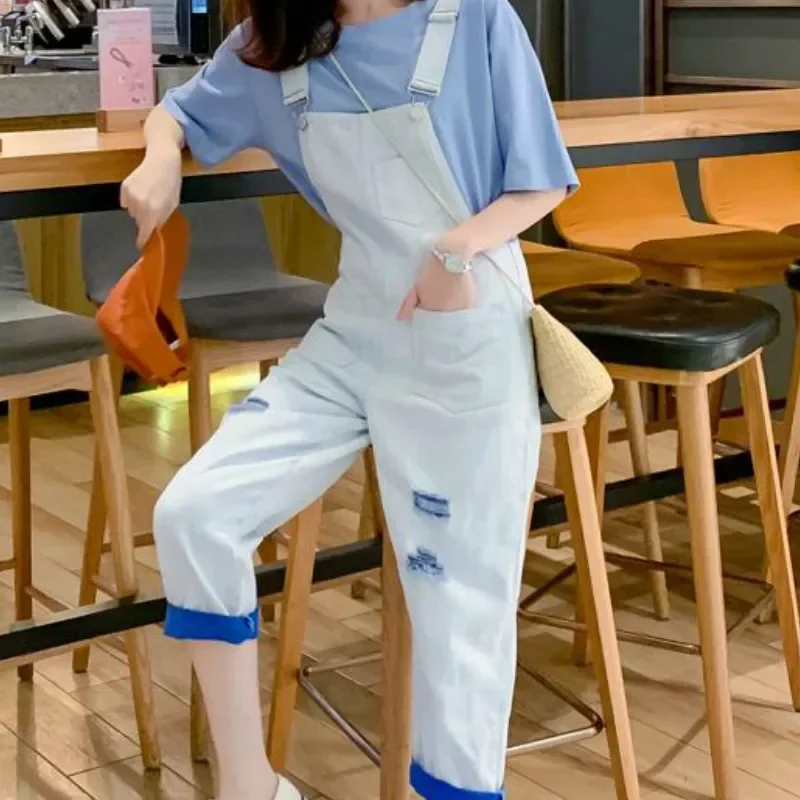 

Jumpsuits Women Loose Solid Pockets Hole Ankle-length Denim Korean Style Casual All-match Trendy Kawaii Lovely Womens Daily Soft