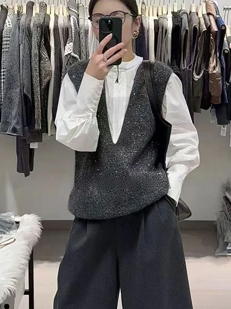 Winter Svel Knitted Vest V-Ne Casual Women's Faionable Commute Top Regular Length Pure Color Versatile Leisurewear