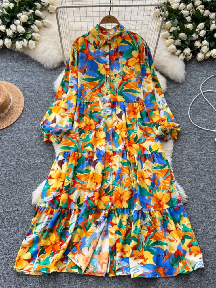 Vestido de manga larga con estampado Floral para mujer, Vestido camisero informal con botonadura única, elegante, Vintage, moda de otoño