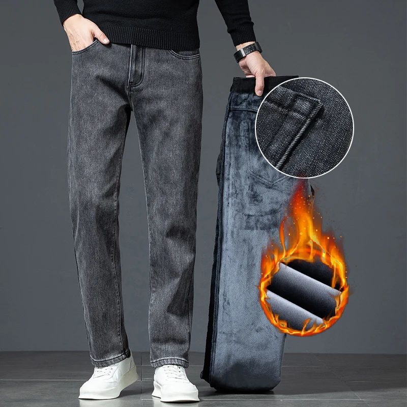 2025 Winter Men's Fleece Jeans Thickened Warm Velvet Comfortable Loose Straight Denim Pants Classic Black Gray Trousers Brand