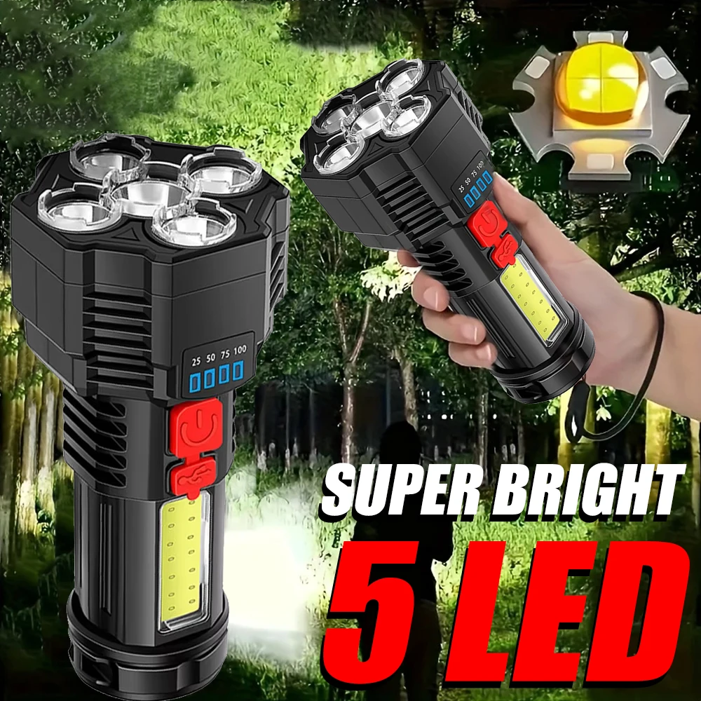 

High Power Superlight Led Flashlights Rechargeable Camping Spotlight with Side Light 5 Lighting Modes Camping Adventure Outdoor