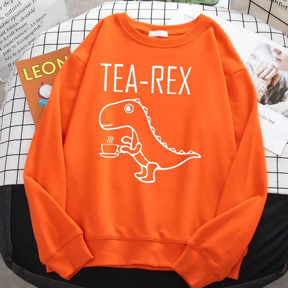 Street Trend Women\'S Sweatshirt Tea Rex Funny Dinosaur Drink Coffee Print Hoodies Loose Warm Pullovers Crewneck Fleece Clothes