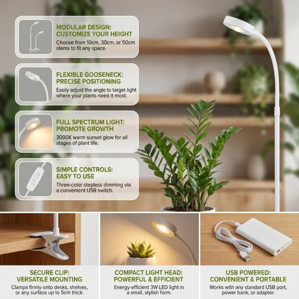 

Height Adjustable LED Plant Growth Light 3 Lighting Mode Clip on Sun Spot Light 45/65/80cm Creative Full Spectrum Light