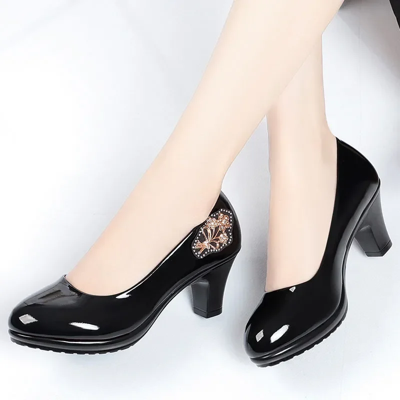 Women Classic Round Toe High Quality Black Patent Leather Office High Heel Shoes Lady Fashion Spring Summer Party Pumps A25