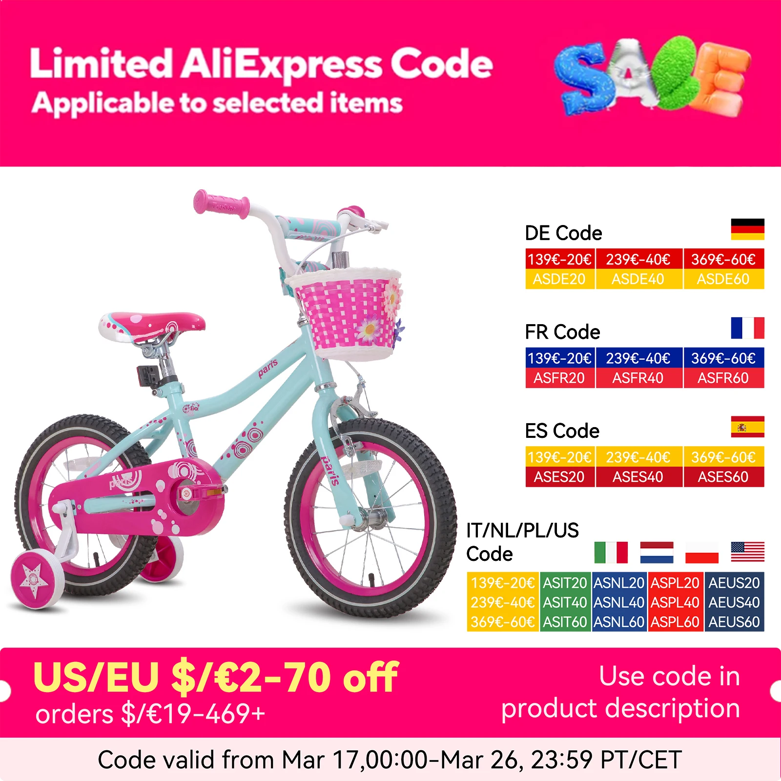 JOYSTAR Paris Girls Bike for Ages 3-8 Years Old, 14 16 18 Inch Kids Bike with Training Wheels, Basket and Handbrake