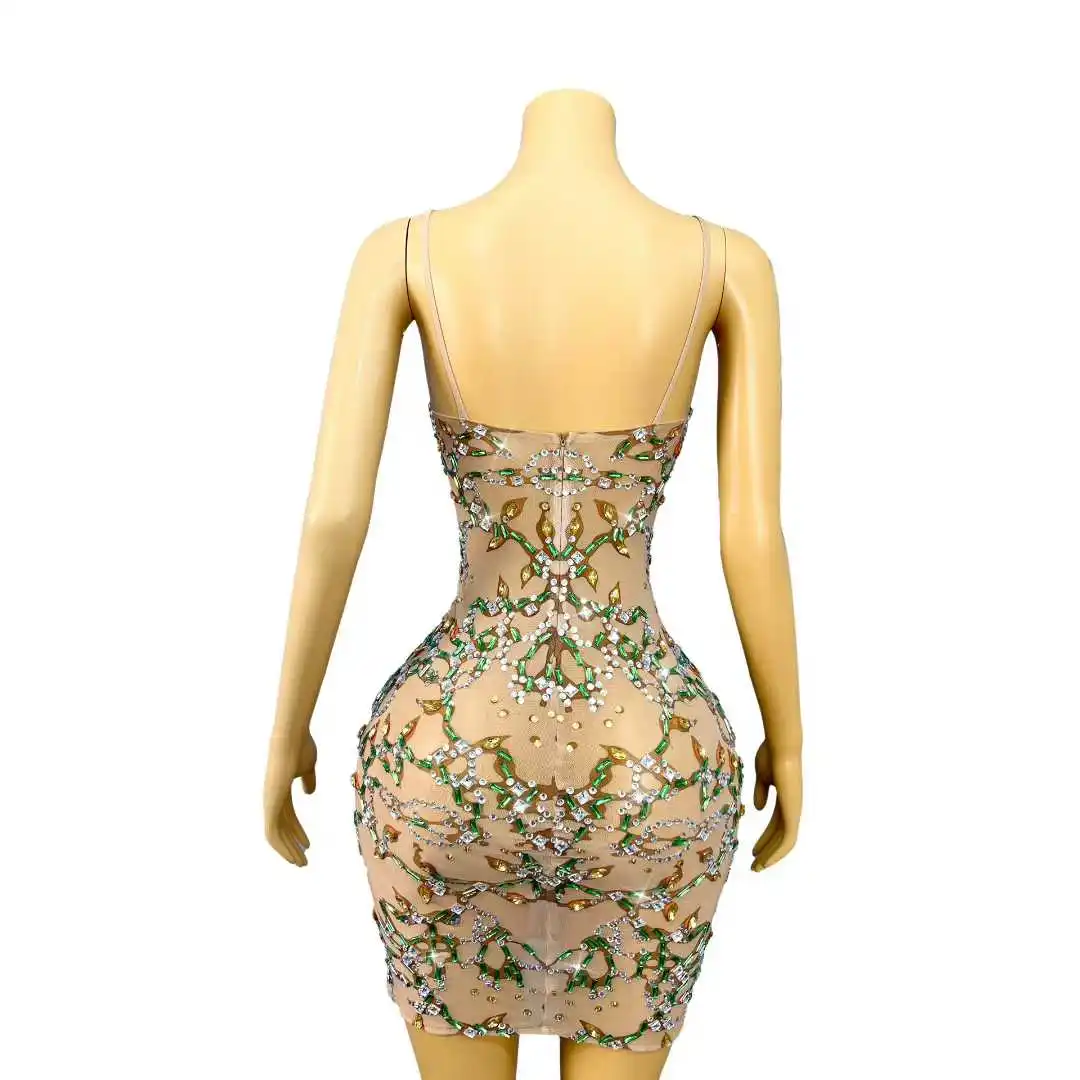 Damski seksowny strój wieczorowy, błyszczące dżety, dopasowana sukienka na ramiączkach z siateczki, na urodziny, koktajl, imprezę urodzinową, kostium.