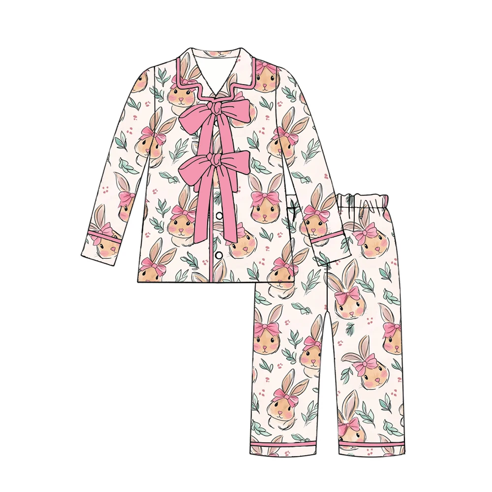 Easter boutique children's suit rabbit leaf print short-sleeved trousers girl suit baby nightgown pajama suit wholesale