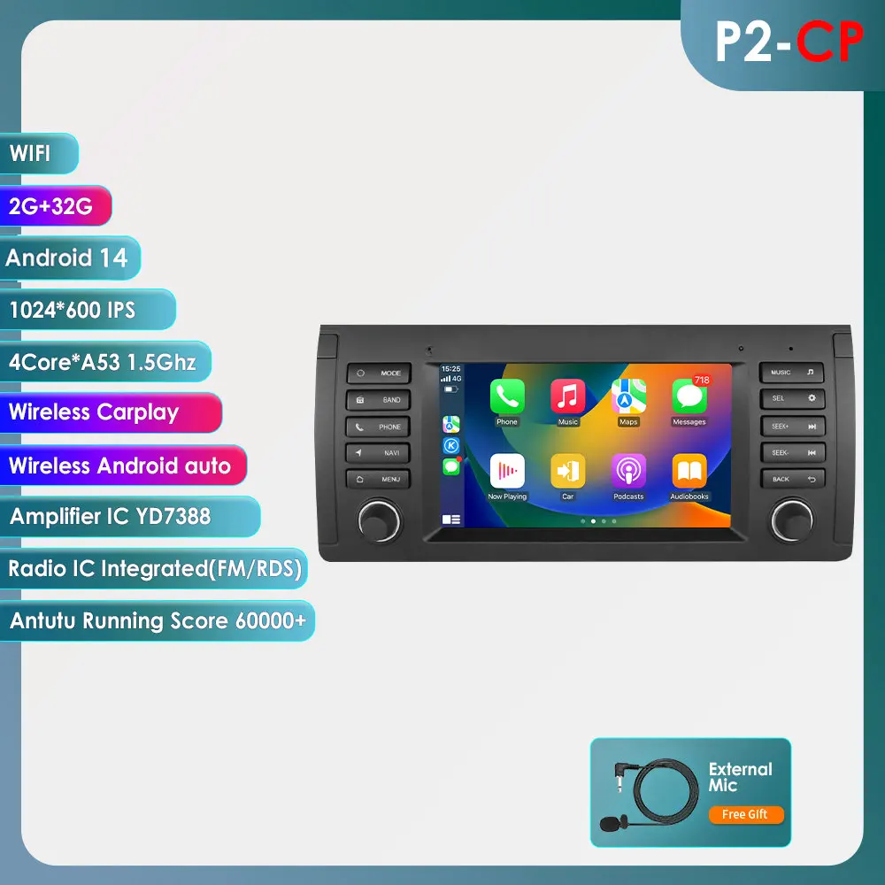 Auto Android 14 2Din 8GB RAM 128GB ROM AutoRadio Multimedia Video Player voor BMW 5 E39 E53 X5 1995-2001 2002 2003 2004 2005 2006