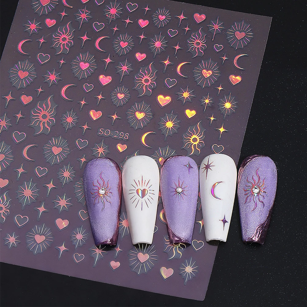 1 قطعة ثلاثية الأبعاد البرنز الشمس القمر ستار مسمار ملصق الذهب الفضة الليزر ضوء النجوم القلب ذاتية اللصق المتزلجون للنساء مانيكير الشارات #5