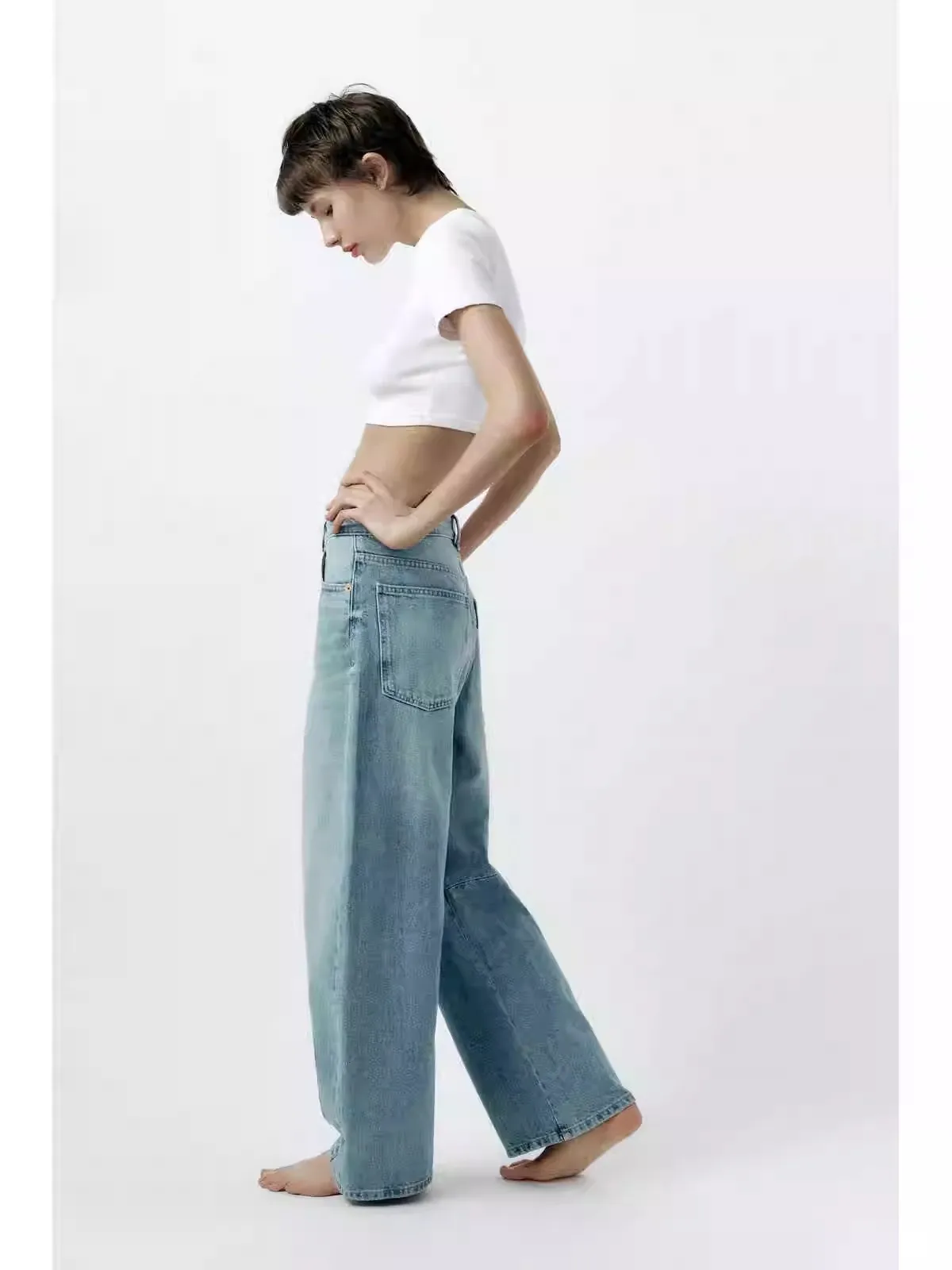 Frühling 2024, lockere Boyfriend-Jeans mit Ballon-Denim, mittlere Taille, gerades Bein, lange Hosen, reine Farbe, hohe Taille