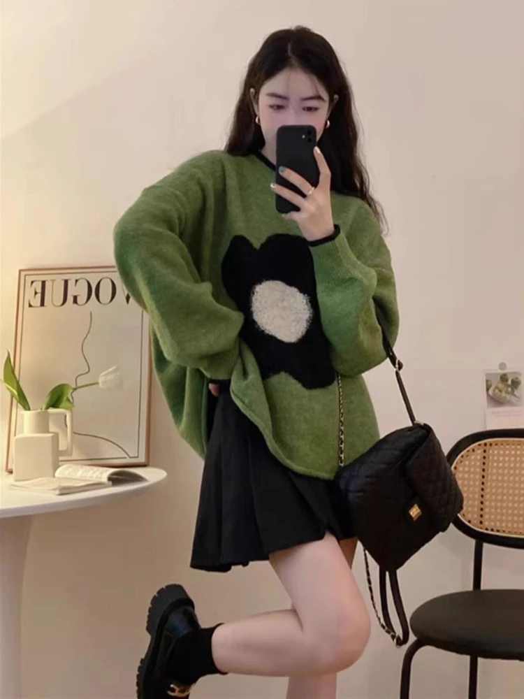 Women's Green Gothic Pullover Knitted Sweater Harajuku Korean 90s Y2k Long Sleeves Jumper Striped Sweaters Vintage 2000s Clothes