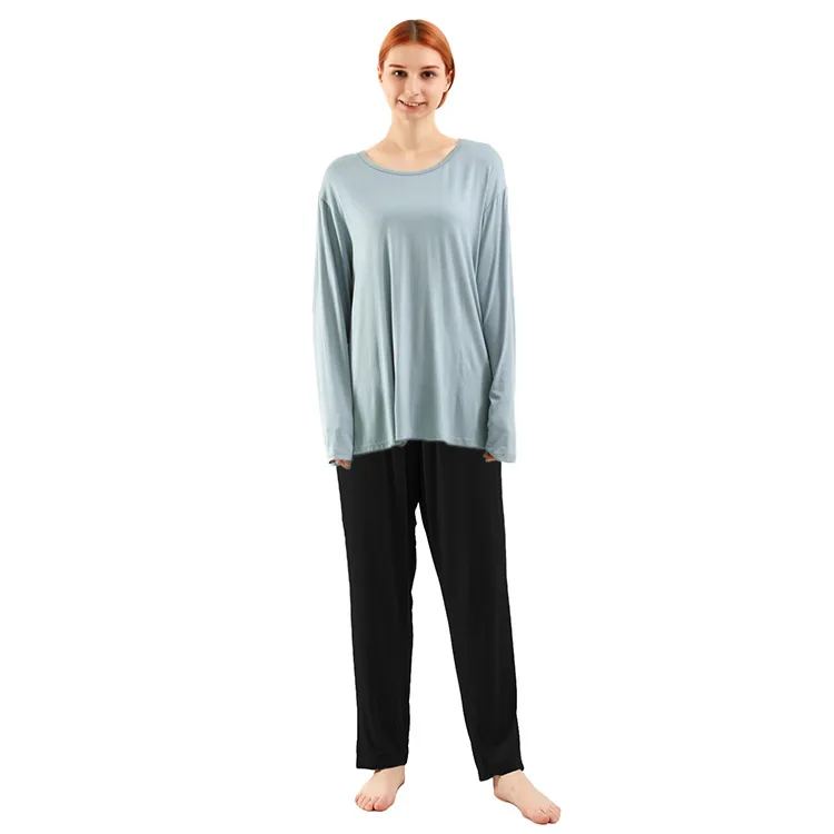 -aqua blue top + black pants