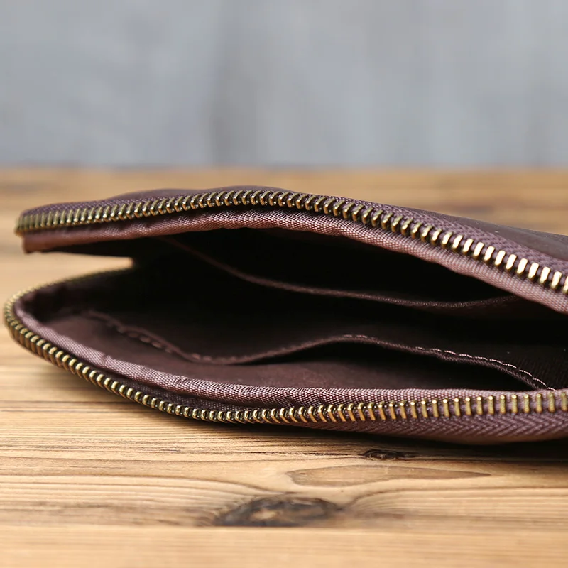 Vintage Genuine Leather Wallet for Men and Women, Head Layer Cowhide, Leisure Mobile Phone Bag, Bank Card Zipper, Wrist Wrap