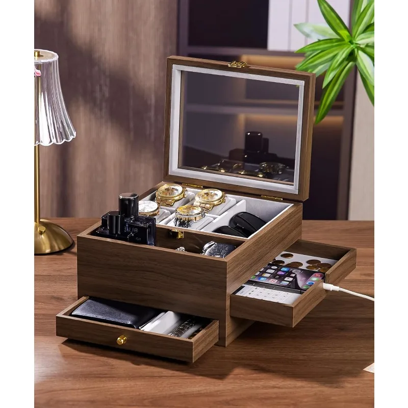 صندوق ساعة منظم مجوهرات للرجال مع علبة ساعة زجاجية حقيقية للخاتم والسوار والساعة والقلادة والأقراط والإكسسوارات