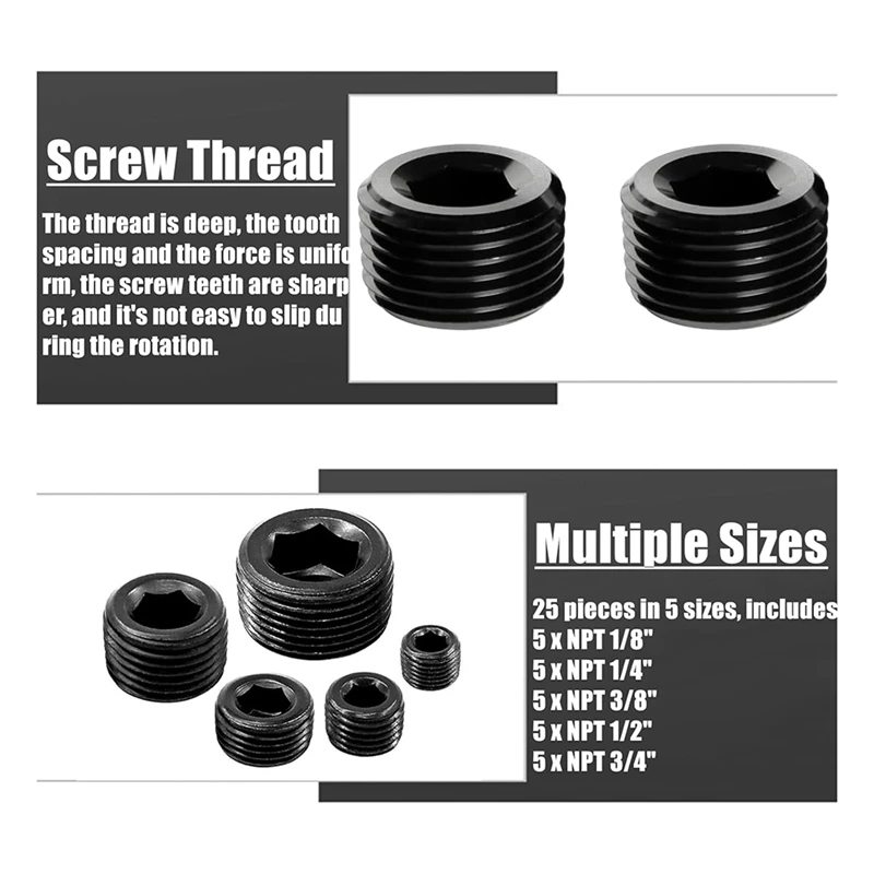 70Piece Black Carbon Steel Pipe Plug Accessory Assortment Kit,5 Sizes 1/8Inch 1/4Inch 3/8Inch 1/2Inch 3/4Inch NPT