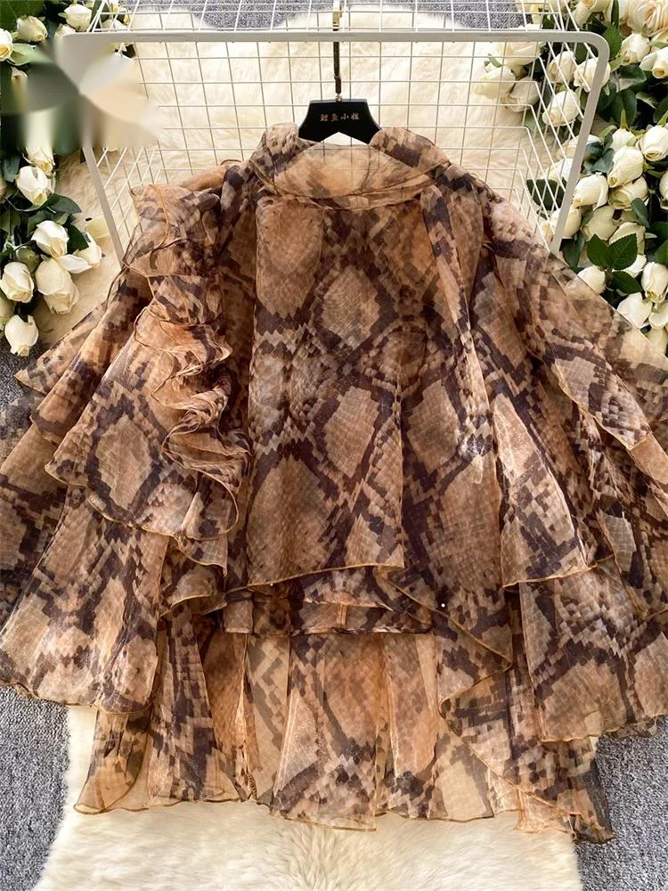 

Python Print Ruffles Blouse High Quality Lace Up Mulit-layer Irregular Shirt Designer-Inspired Women Luxury Party Tops