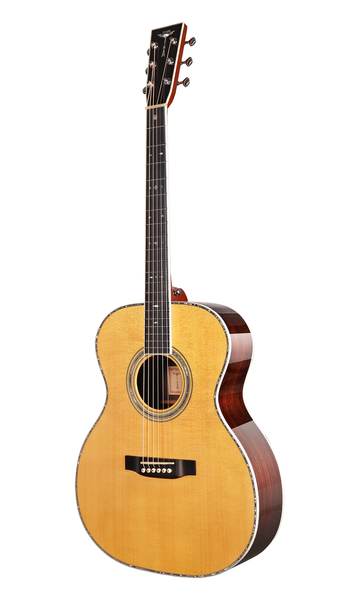 TYMA TD28V TF28V 44.5mmNut All Solid Acoustic Guitar 3A Engelmann Spruce 3A Indian Rosewood Abalone Inlay Folk Guitar Padded Bag