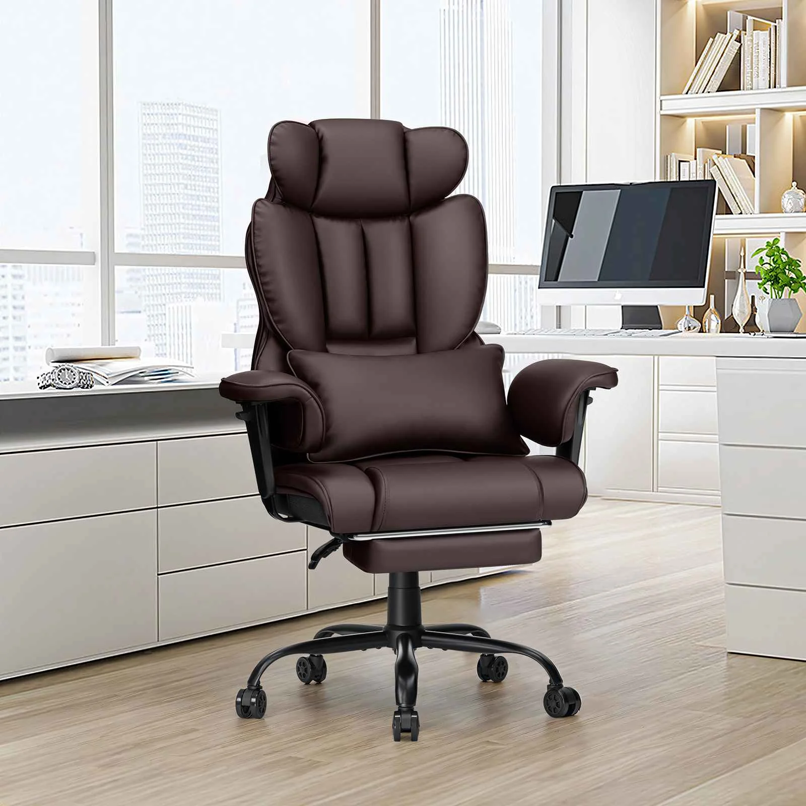 Ergonomic High-Back Office Chair with PU Leather Built-in Seat Bag  Spring-loaded Cushion  Two-point Vibration Massage  T-shaped