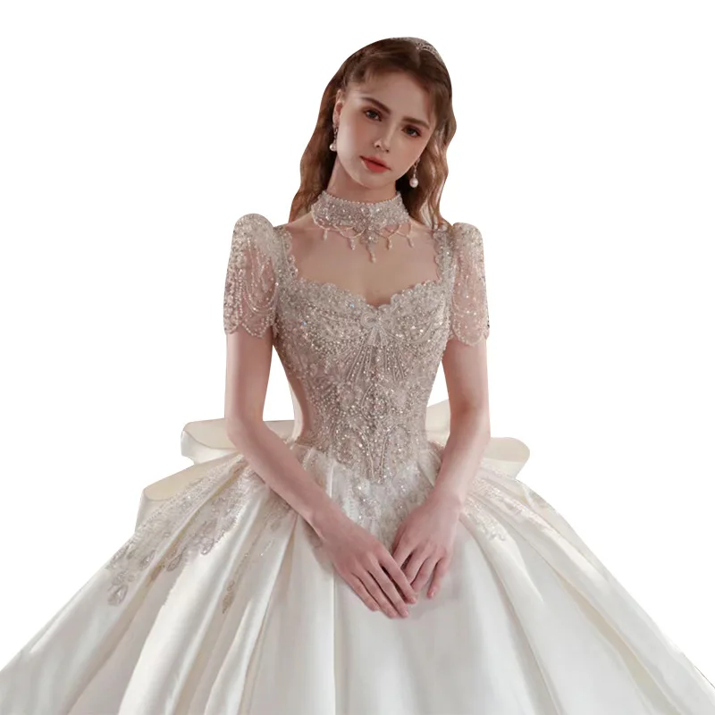 Real Foto Luxe Prinses Vrouwen Trouwjurken Korte Mouw Hoge Hals Kralen Strik Baljurk Bruidsjurk Vestido De Casament