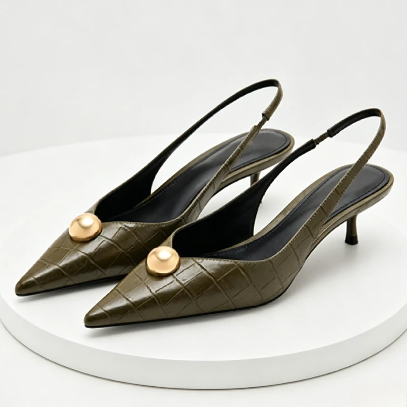 

Sexy Pointed Toe Embossed Top Leather Slingback Heels for Ladies Metal Detail Summer Heeled Sandals Elegant Party Designer Pumps