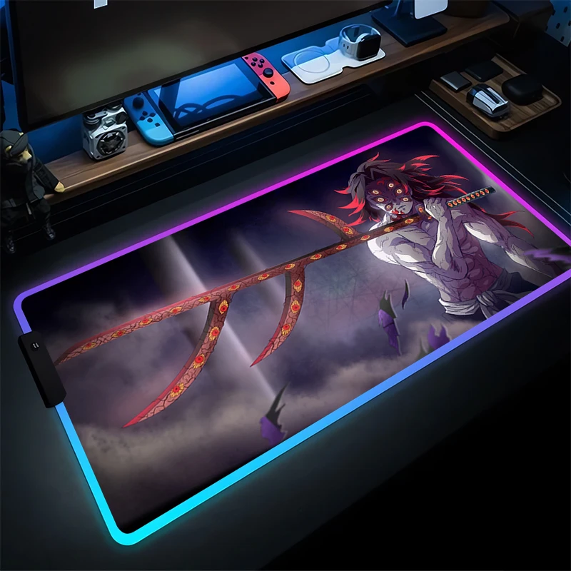 RGB Mouse Pad Karet PC Komputer Gaming Aksesoris Bercahaya Mousepad Demon Slayer Kokushibo HD Meja Tikar LED Gamer Keyboard Pad
