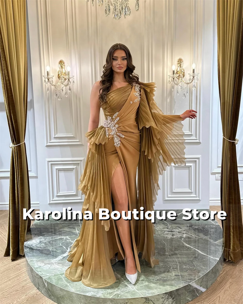 

Light Brown One Shoulder Evening Dresses For Woman Split Israel Mermaid Western Chic Wedding Party Gueses Gowns Customized