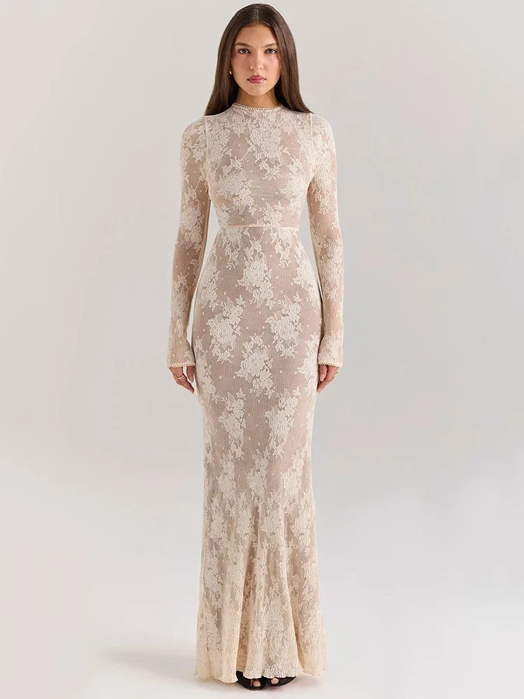 

Lace Print Long Sleeve Sexy Maxi Dress For Women White Zipper Half High Collar Bodycon Fashion Elegant Long Dress