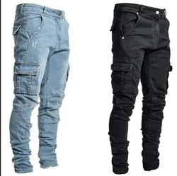 Männer Jeans Bleistift hose Cargo Denim solide knöchel lange Wasch taschen mittlere Taille Scheide schlanke leichte Stretch High Street 2024