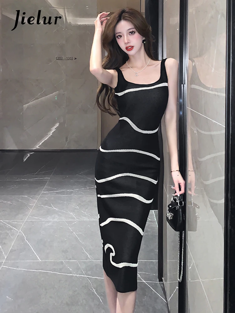 

Jielur Striped Slim Knitted Female Dresses Summer Square Collar Sleeveless Slight Stretch Dress Office Lady Simple Women's Dress