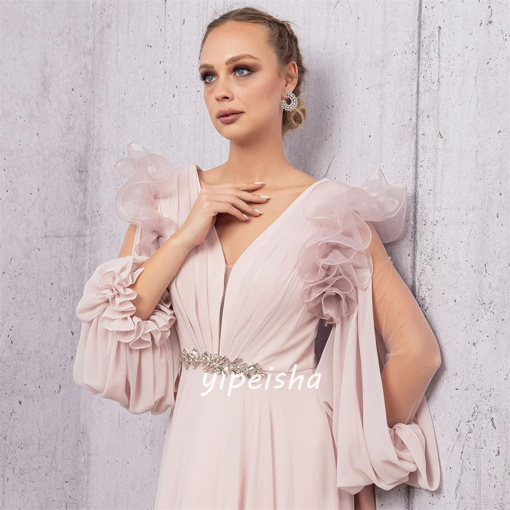 Customized  Sexy Casual   Chiffon Rhinestone Sash Draped Wedding Party A-line V-neck Bespoke Occasion Gown Long Dresses