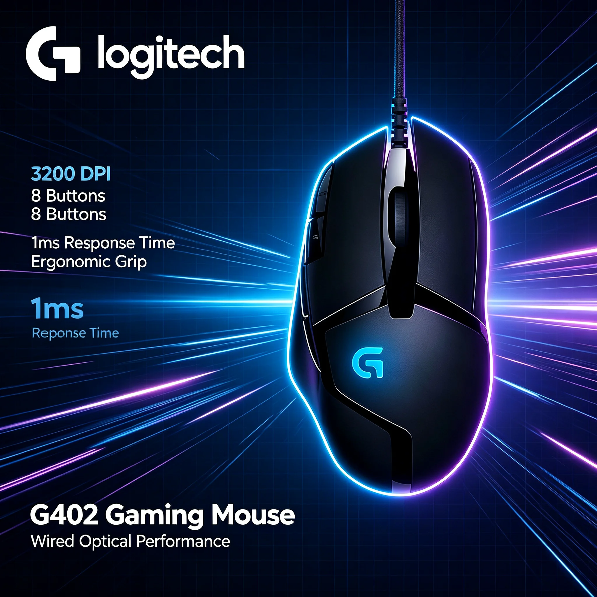 Logitech G402 Original Hyperion Fury Gaming Mouse Wired RGB Backlit 3200DPI For League of Legends CS2 Valorant E‑Sport Player PC